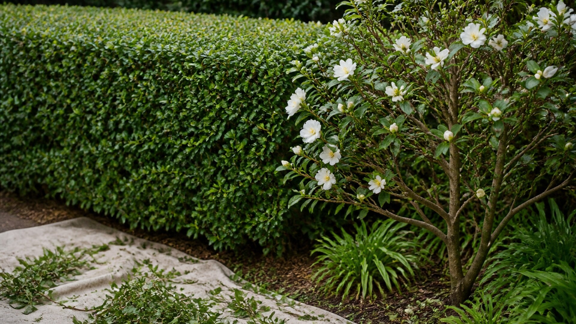 Selectively pruned hedge and flowering shrub with fresh clippings on a ground sheet