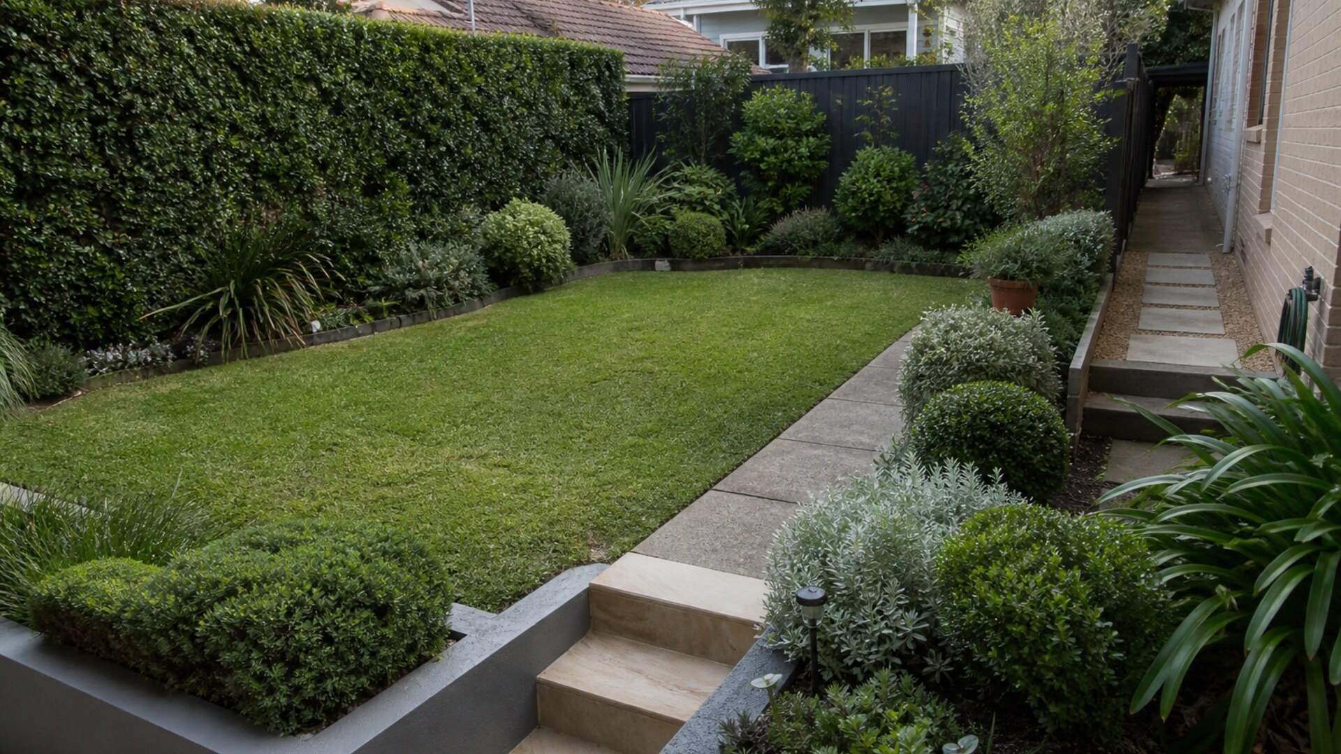 Residential garden with lawn, hedges, beds, steps and narrow side access