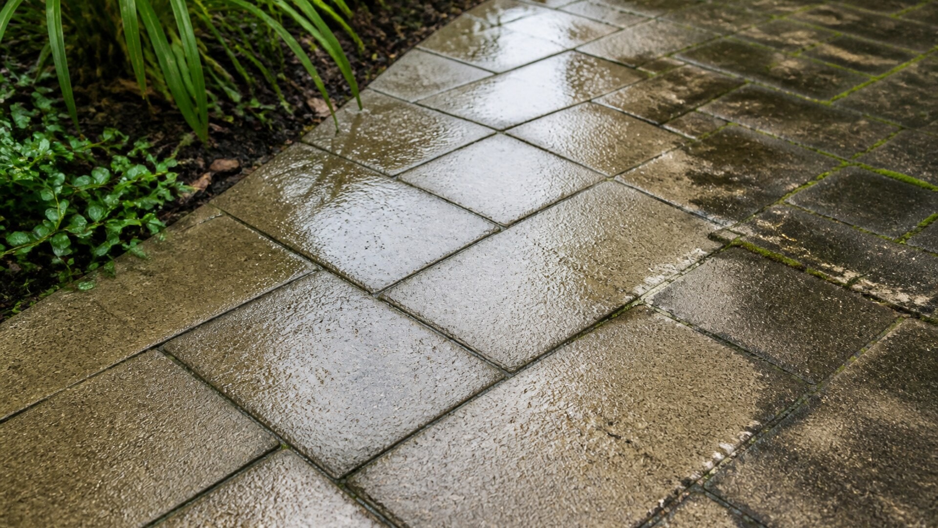 Wet residential pavers showing cleaned surface texture beside a weathered section