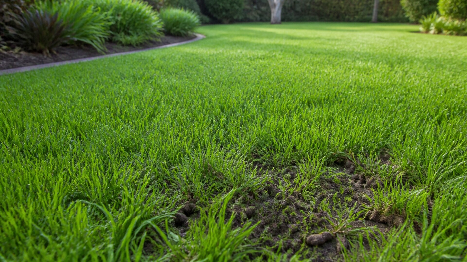 Healthy lawn showing mowing height, clean edging and soil-aeration detail