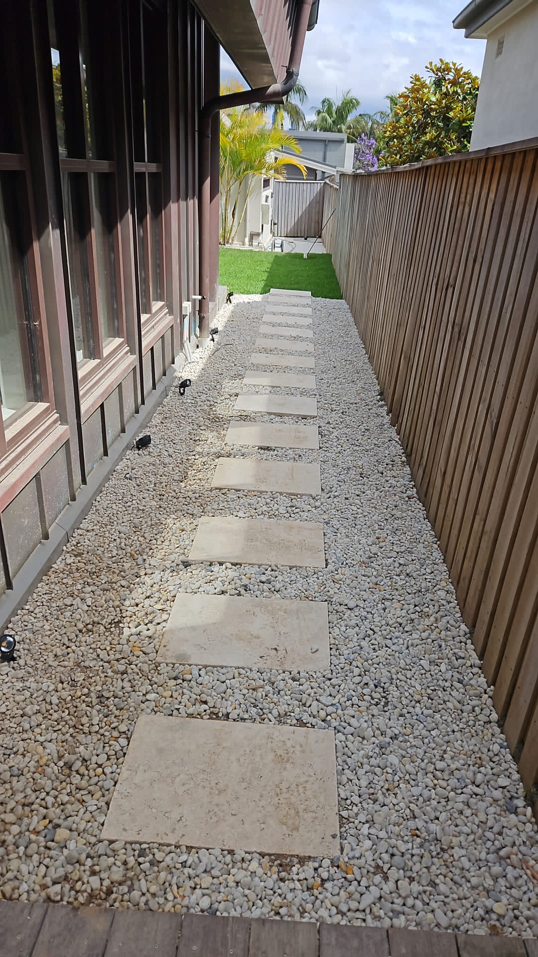 Completed Naremburn landscaping with paths, lighting, and new lawn